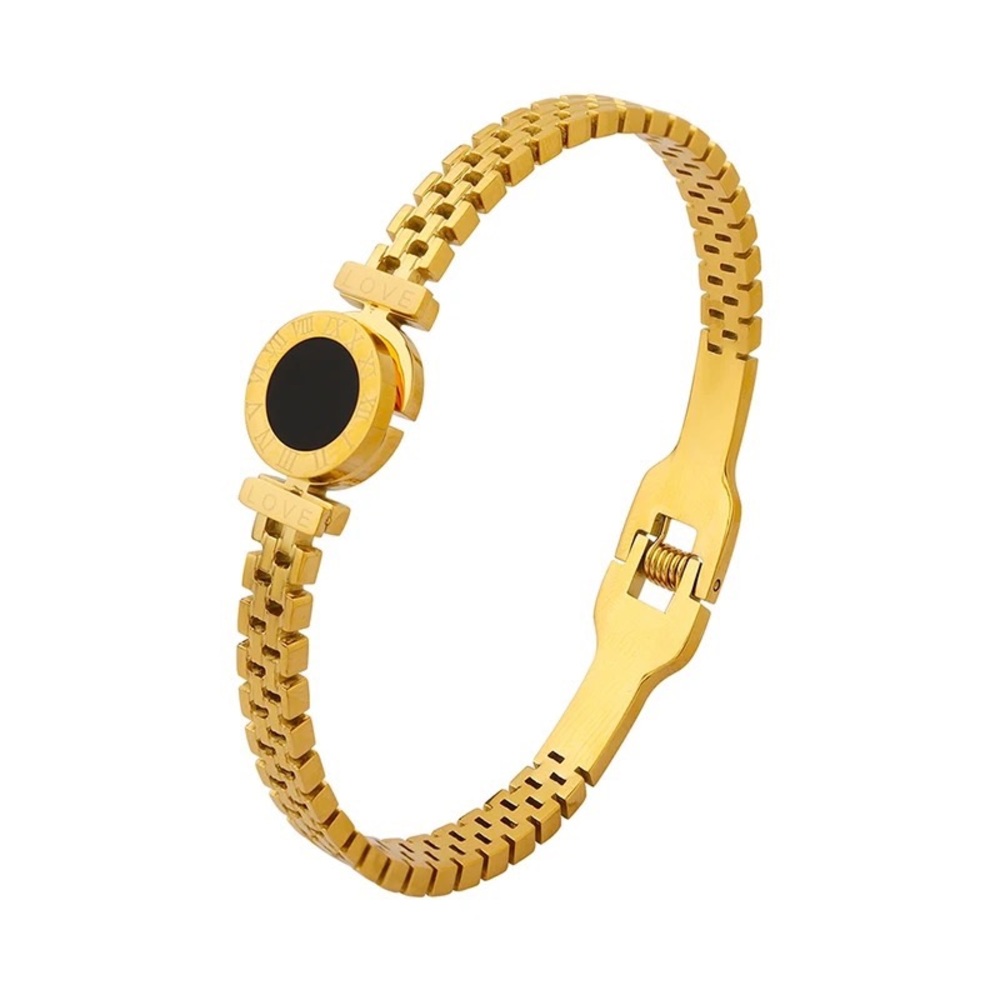 Gold-tone solid bracelet that mimics a watch with Roman numeral design and love
